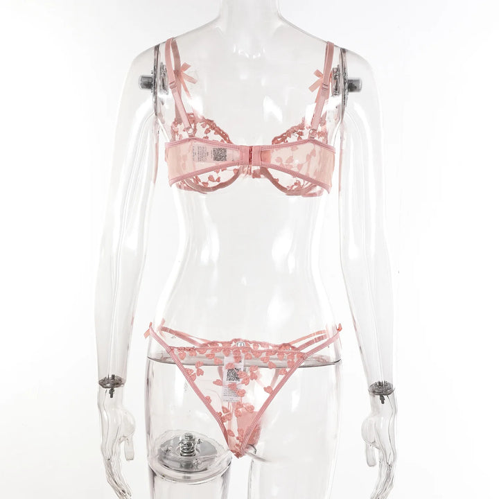 Yimunancy Heart Embroidery Lingerie Set Women 2-Piece Transparent Bow Bra + Brief Underwear Set Erotic Intimates