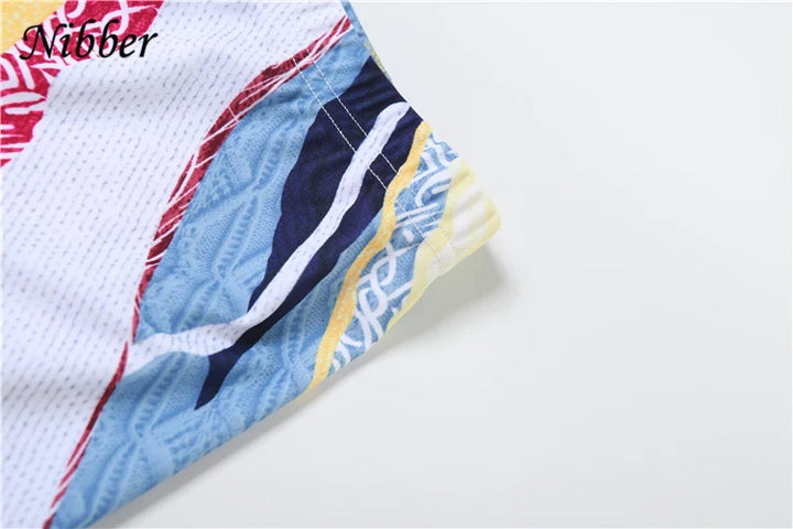 Nibber Colorful Printing Two Piece Set Women Autumn O-neck Full Sleeve Crop Tops + Matched Slim Shorts Female Outfit Street Suit