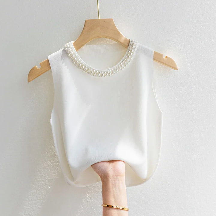 Knitted Vests Women Korean Top Solid Tank Blusas Mujer De Moda Summer New Fashion Female Sleeveless Beading Casunal Thin Tops