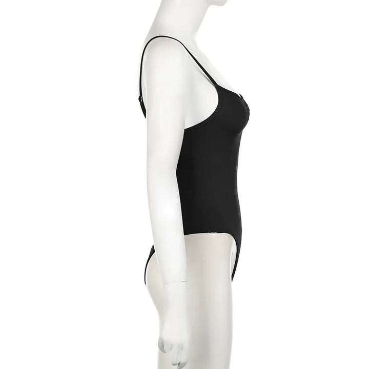 Sweetown Women's Sleeveless Skinny Shirring Bodysuit Spaghetti Strap Black Solid Simple Basic Sexy Camisole for Vacation