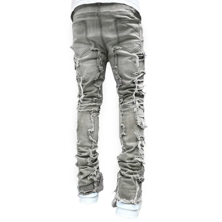 Men Skinny Pants Vintage Patch Frayed Denim Pants Spring Fall Casual Leggings Trousers with Pockets