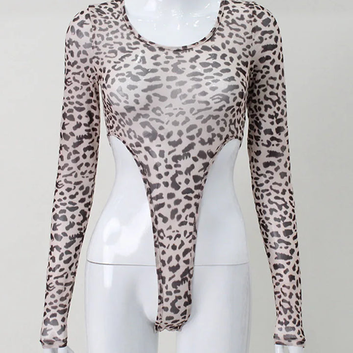 Leopard Sexy High Waist Women Bodysuit Mesh Transparent Wild Stretchy Thong Body T-Shirt Street Evening Clothing Hot