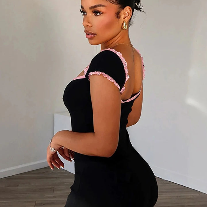 kliou Classic Patchwork Women Playsuits Casual Fashion Lace Trim Square Neck Short Sleeve Stretch Rompers Girls Daily Streetwear