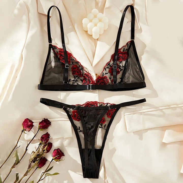 2 Piece Women Sexy Lingerie Set See-Through Bra Floral Embroidery Sheer Underwear Intimates Bra And Panty Transparent Bra