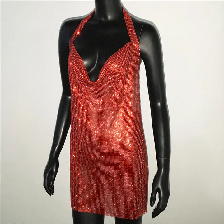 Bling Rhinestone Backless Dress Sexy Deep V Neck Sleeveless Side Split Halter Dress Nightclub Party Evening Dresses