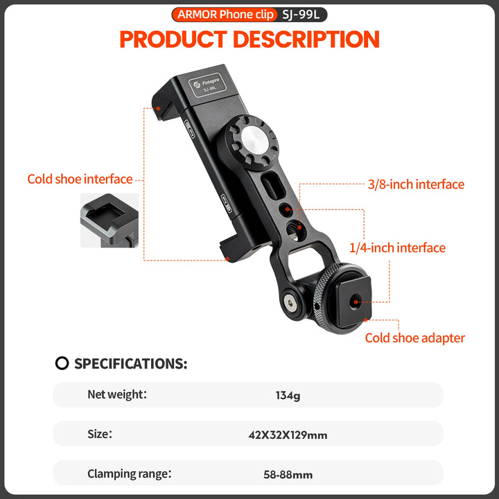 Fotopro SJ99L Metal Phone Clip with Cold Shoe Horizontal Vertical Shooting Smartphone Mount Holder for Tripod iPhone
