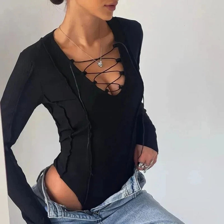 Y2k High Street Skinny Jumpsuit Rompers Tops Outfits Fashion Chic Lace-up Long Sleeve Slim Bodysuit For Women Sexy Solid Bodycon