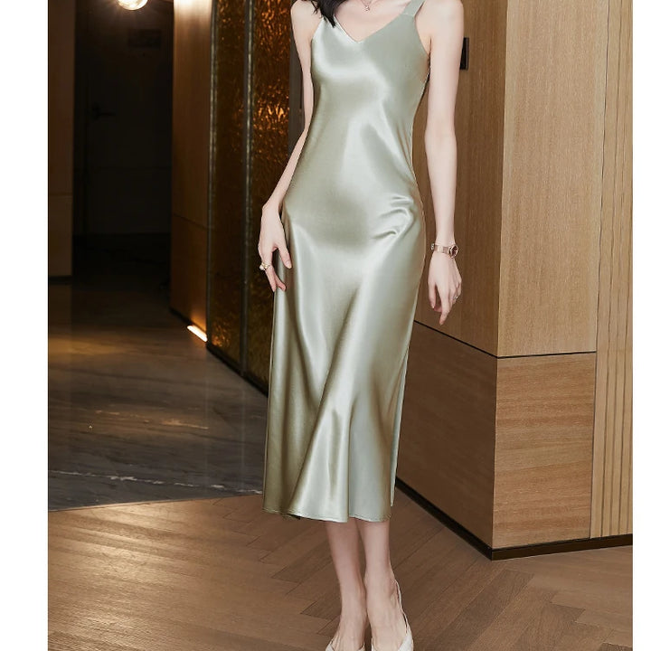 #4938 Sleeveless Spaghetti Straps Midi Satin Dress Women Solid Color V-neck Sexy A-line Party Dresses Women Evening Summer 2024