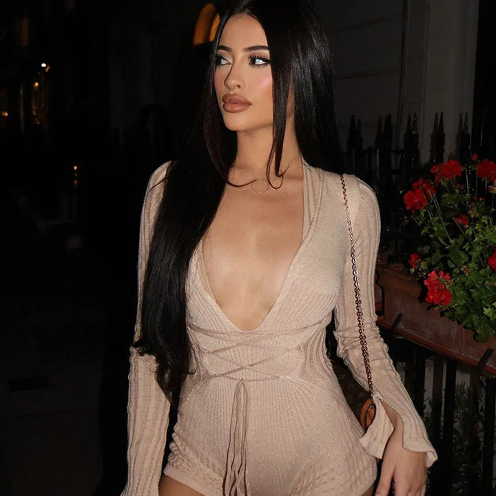 Weird Puss Crochet Bandage Playsuits Women Low-Neck Contrast Striped Patchwork Long Sleeve Autumn Trend Vacation Skinny Romper