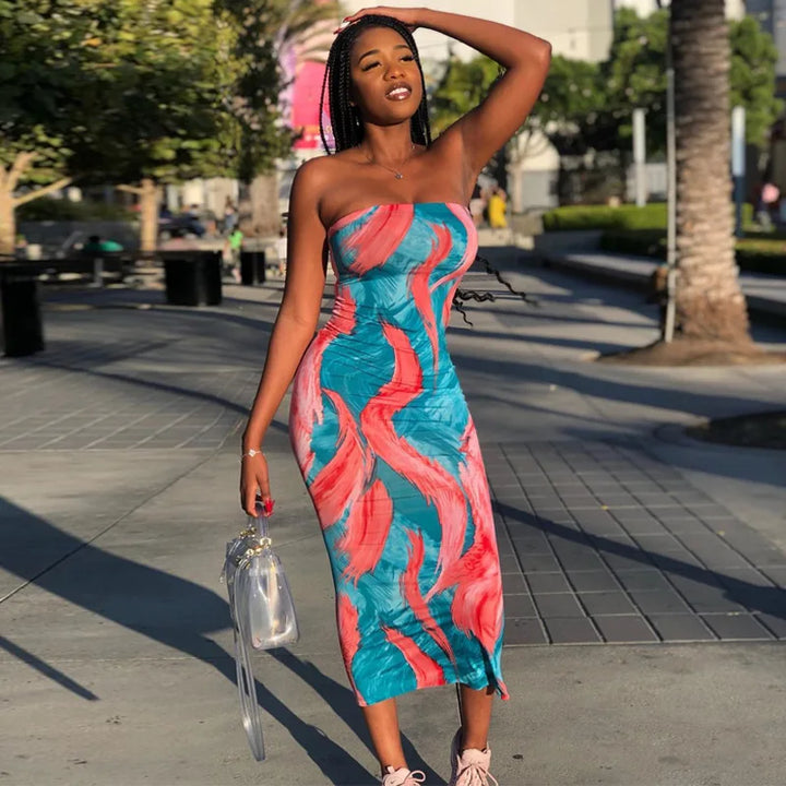 Spring/Summer Women's Colorful Tie Dye Print Off Shoulder Wrapped Chest Dress