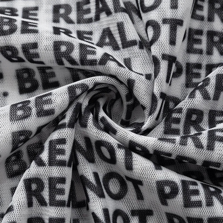 Letter Printed Mesh Transparent Women Panelled Newspaper Long Sleeve Round Neck T-Shirts