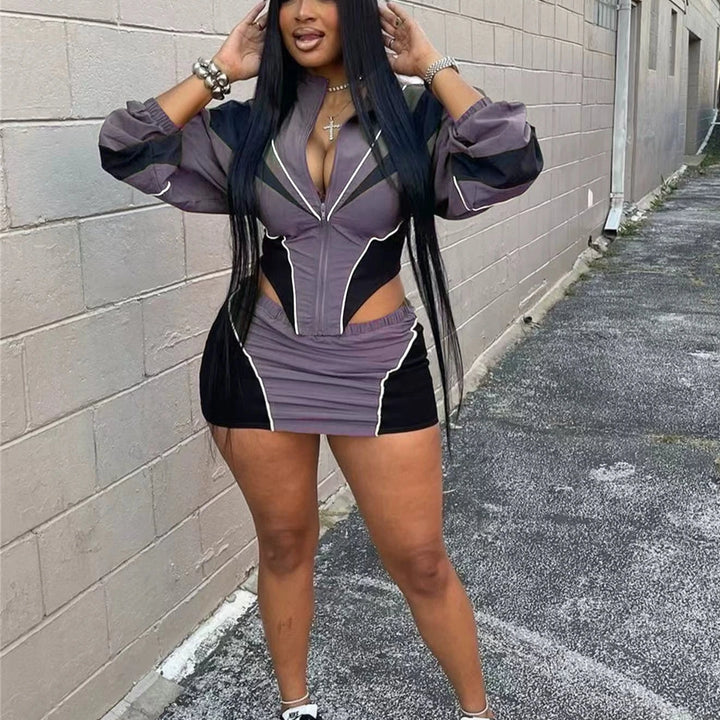 FLARORA Fashion Patchwork 2Pcs Sets Woman Long Sleeve Zipper Irregular Crop Jacket And Skinny Mini Skirts Streetwear Outfits New