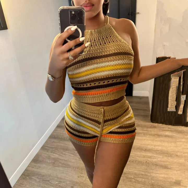 2024 New Fashion Knitted 2 piece sets womens outfits Striped Hollow Out Sleeveless Top & Drawstring Shorts Set