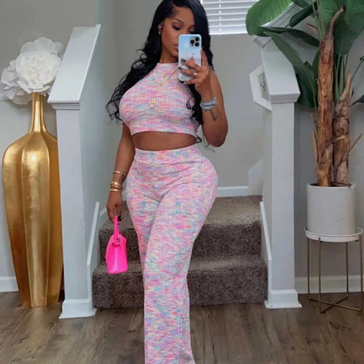 2 Piece Sets Womens Outfits Elegant Stretchy Knitted Summer Suit Sexy Sleeveless Top and Pant Suit Wholesale Dropshipping