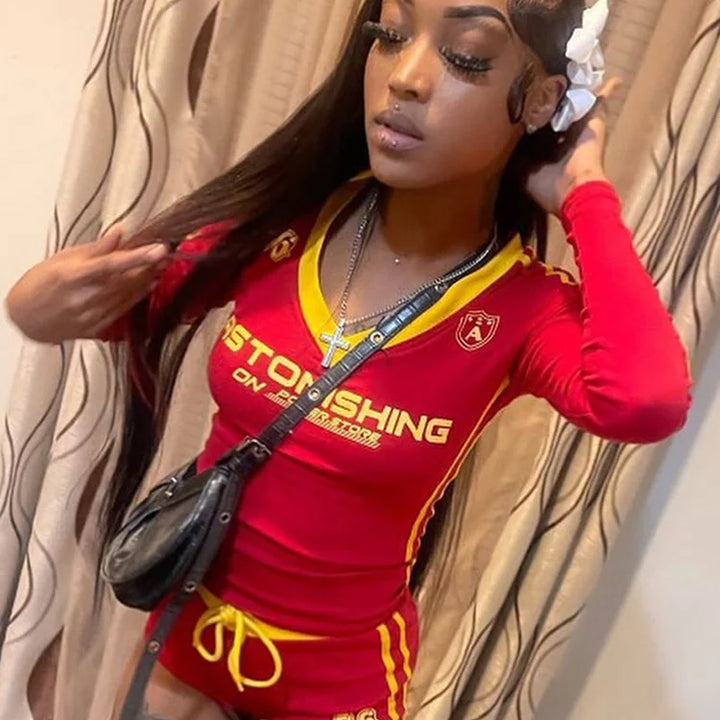 Nibber Women Tracksuit 2 Piece Set Stroke Tight Hipster Letter Print Sporty Casual Crop Tops+Shorts Vitality Matching Outfits