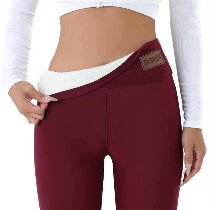 Patched Detail Plush Lined Thermal Pants, High Rise Slim Elastic Tights For Winter, Women's Lingerie & Sleepwear