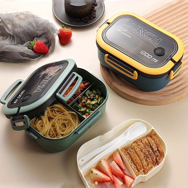 1pc Microwave-Safe Dual-Compartment Lunch Box, Fresh-Keeping Meal Container With Cutlery