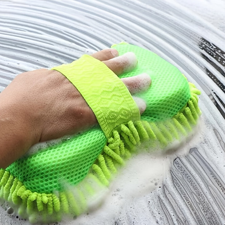 1pc Car Wash Mitt Chenille Microfiber Wash Sponge Scratch Free, Ultra Absorbent Microfiber Waffle Drying Towel For Car Detailing, Green, 9.05in*5.11in*2.75in