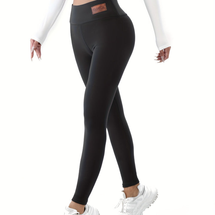 Patched Detail Plush Lined Thermal Pants, High Rise Slim Elastic Tights For Winter, Women's Lingerie & Sleepwear