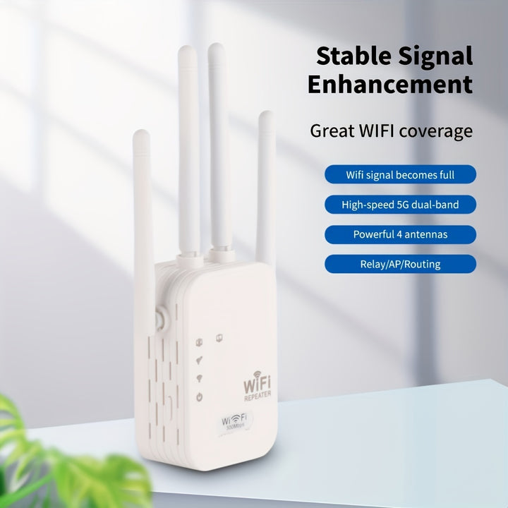 WiFi Extender, Signal Booster, Boost Your Signal to 300Mbps WiFi 2.4 & 5GHz Dual Band (8500 Square Feet), Strong Signal Penetration, Supports 35 Devices, 4 Modes, 1-Tap Setup, 4 Antennas for 360° Coverage, Ethernet Port Supp