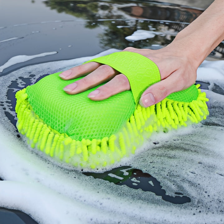 1pc Car Wash Mitt Chenille Microfiber Wash Sponge Scratch Free, Ultra Absorbent Microfiber Waffle Drying Towel For Car Detailing, Green, 9.05in*5.11in*2.75in