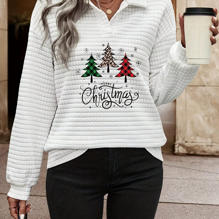 Christmas Tree Print Waffle Pattern Loose-Fitting, Long Version Casual Top [Please Buy One Size Smaller Than Normal Size]