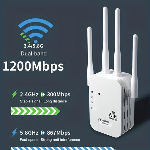 WiFi Extender, Signal Booster, Boost Your Signal to 300Mbps WiFi 2.4 & 5GHz Dual Band (8500 Square Feet), Strong Signal Penetration, Supports 35 Devices, 4 Modes, 1-Tap Setup, 4 Antennas for 360° Coverage, Ethernet Port Supp
