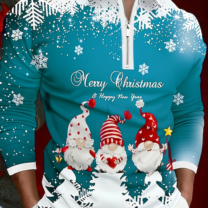 [Customer Favorite] Men's Festive Christmas Santa Print Shirt - Casual Pullover with Zip Detail, Polyester Blend, Machine Washable - Perfect for Spring/Fall