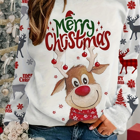 Merry Christmas Reindeer Print Casual Crew Neck Sweatshirt - 100% Polyester, Raglan Long Sleeve, Knit Fabric, Slight Stretch, Regular Fit Pullover for Spring/Fall