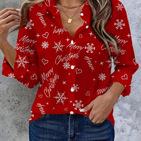 Elegant Christmas Print V-Neck Long Sleeve Blouse, 100% Polyester, Woven Shirt with Lapel Collar and Button Details, for Adults, All Seasons