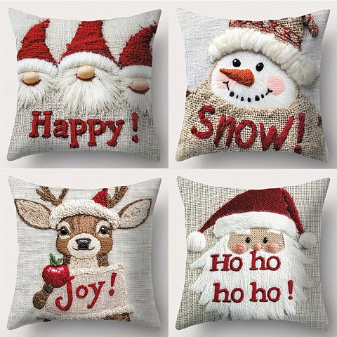 4-Pack Christmas Pillowcases, 45.01x45.01 cm, Polyester, Contemporary Style, Zipper Closure, Machine Washable, Festive Santa, Snowman, Deer, Dwarf, Apple Design, Home & Office Decor, Sofa Cushion Covers