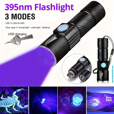 One UV 395nm flashlight, USB rechargeable, adjustable focus UV light, 3-speed mini flashlight, UV light, used for pet detection light, home, outdoor, camping, fishing light