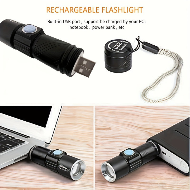 One UV 395nm flashlight, USB rechargeable, adjustable focus UV light, 3-speed mini flashlight, UV light, used for pet detection light, home, outdoor, camping, fishing light