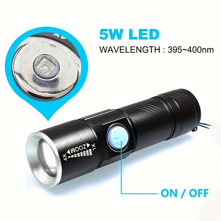 One UV 395nm flashlight, USB rechargeable, adjustable focus UV light, 3-speed mini flashlight, UV light, used for pet detection light, home, outdoor, camping, fishing light