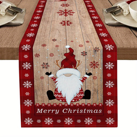 Christmas Table Runner - Polyester Machine Made Table Cover with Santa and Snowflake Design for Holiday Dining Room and Party Decor