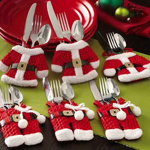 6pcs, Santa Claus Set Christmas Tableware Holder, Silverware Bag Ornament, Christmas Decoration, Table Decoration, Home Decoration, Kitchen Decoration