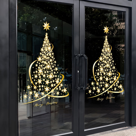 Golden Christmas Tree Window Cling - Reusable Static Decal for Glass, Walls & Doors, Waterproof PVC, 59.94x89.92cm