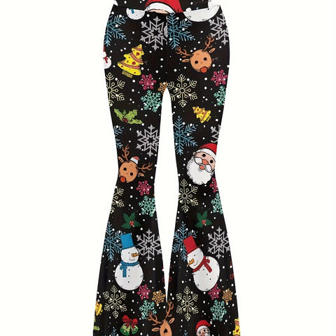Y2K-Inspired Christmas Flare Pants for Women - High Waist, Stretchy Polyester, Machine Washable - Perfect for Spring/Fall