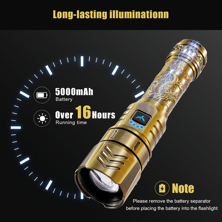 SKYFIRE LED High-brightness Golden Dragon Pattern Flashlight, 4000mAh Rechargeable Flashlight with Ignition Lens, Zoom Function, Four Modes, Suitable for Camping, Outdoor And Household Use, Mini Flashlight Rechargeable, Super