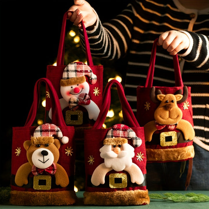 Christmas Cheer Canvas Tote Bag - Reusable Gift & Candy Storage with Festive Designs: Elk, Santa Claus, Snowman, Bear, Christmas Gift Bags