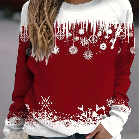 Snowflakes Print Pullover Sweatshirt, Casual Long Sleeve Crew Neck Sweatshirt For Fall & Winter, Women's Clothing