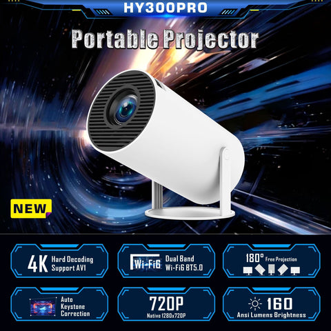 HY300 Pro Mini Portable Projector - 4K & 1080P, Auto Horizontal Correction, 180° Rotatable, Wi-Fi 6 & Wireless 5.2, for Android 11 Compatible, Ideal for Outdoor Movies, Smart Projector, Phone Compatibility