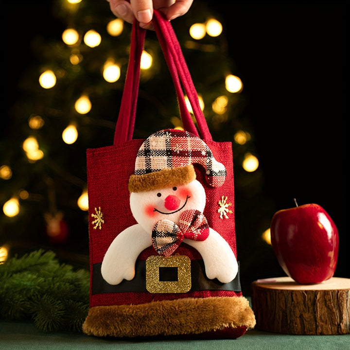 Christmas Cheer Canvas Tote Bag - Reusable Gift & Candy Storage with Festive Designs: Elk, Santa Claus, Snowman, Bear, Christmas Gift Bags