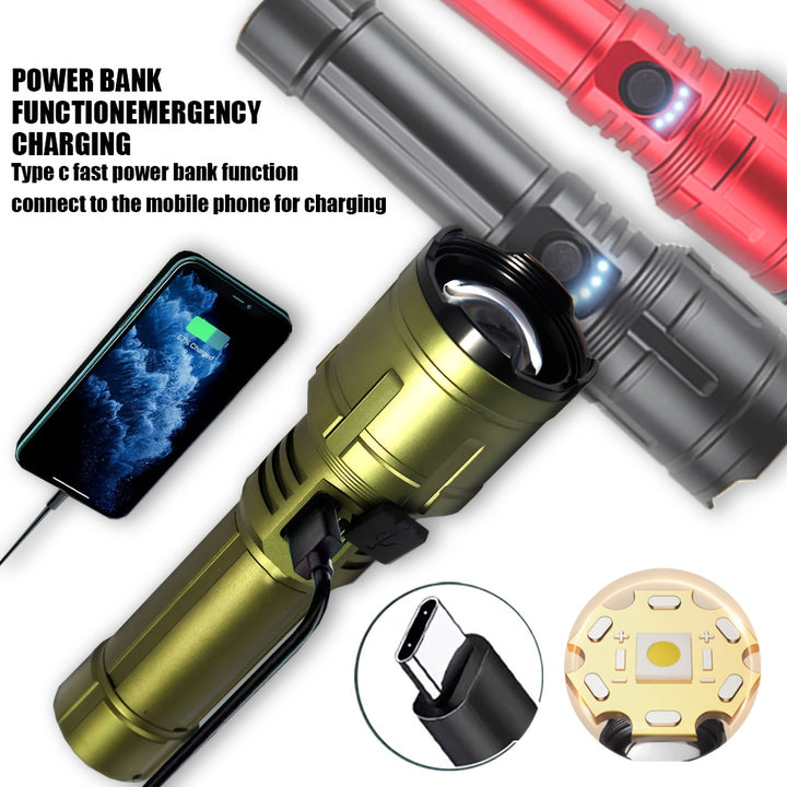 Outdoor Portable Flashlight with Ignition Function - Rechargeable Battery Power Bank Function, Long Battery Life - Aluminum Alloy Material, Suitable for Emergencies, Camping, Hiking | Bright And Durable Outdoor Life-saving Fl