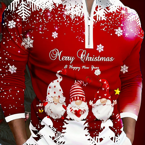 [Customer Favorite] Men's Festive Christmas Santa Print Shirt - Casual Pullover with Zip Detail, Polyester Blend, Machine Washable - Perfect for Spring/Fall