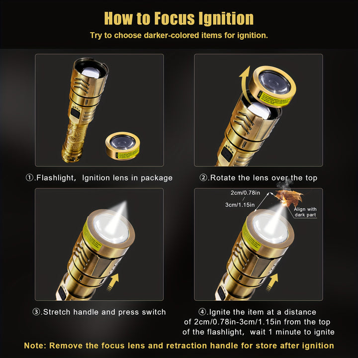 SKYFIRE LED High-brightness Golden Dragon Pattern Flashlight, 4000mAh Rechargeable Flashlight with Ignition Lens, Zoom Function, Four Modes, Suitable for Camping, Outdoor And Household Use, Mini Flashlight Rechargeable, Super