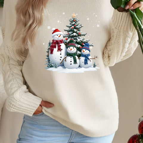 Women'S Chic Crew Neck Christmas Pullover Sweater - Blend Knit, Festive Snowman Print, Casual Long Sleeve Jumper for Fall/Winter
