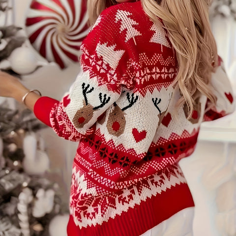 Women'S Elegant Christmas Sweater with Reindeer Pattern, Long Sleeve Crew Neck Polyester Knit Fabric, All-Season Holiday Top