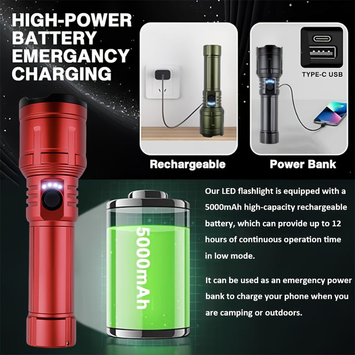 Outdoor Portable Flashlight with Ignition Function - Rechargeable Battery Power Bank Function, Long Battery Life - Aluminum Alloy Material, Suitable for Emergencies, Camping, Hiking | Bright And Durable Outdoor Life-saving Fl