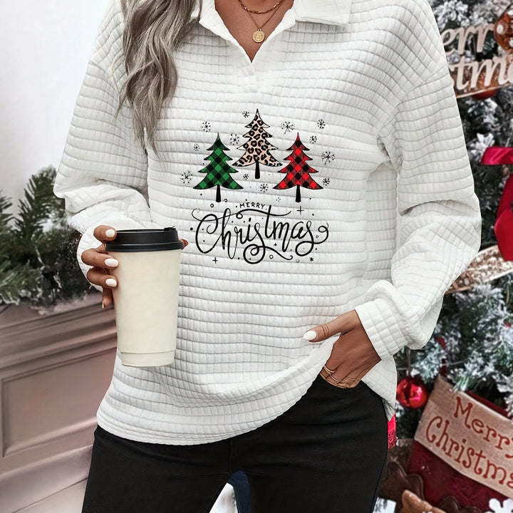 Christmas Tree Print Waffle Pattern Loose-Fitting, Long Version Casual Top [Please Buy One Size Smaller Than Normal Size]